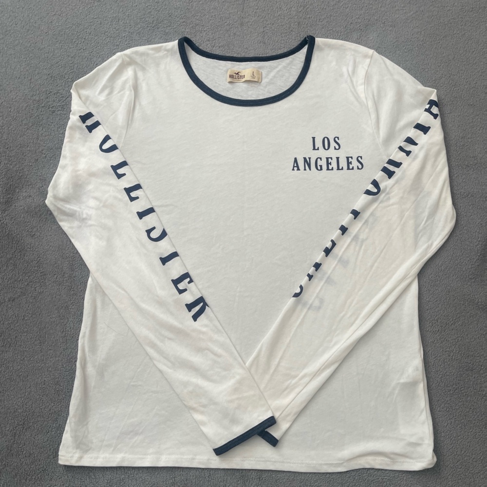 Hollister White Long Sleeve Tee with Navy Trim